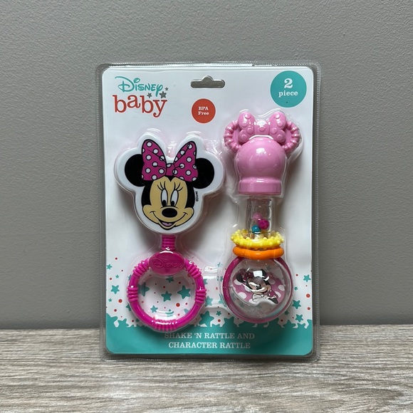 Disney Minnie Mouse Pink Shake 'N Rattle and Character Rattle 2 Piece Baby Gift - Picture 1 of 4